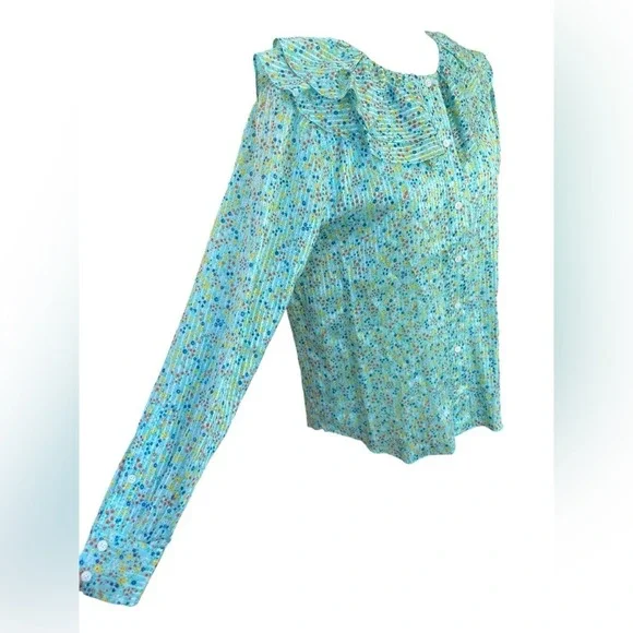 J. Crew Ruffle Blouse Aqua Metallic Floral Field Day Print Size Small - Picture 4 of 8
